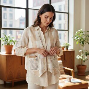 VTG Cotton Plaid Button Down Vest L by Speed Limit MPH Cream & Beige #262H